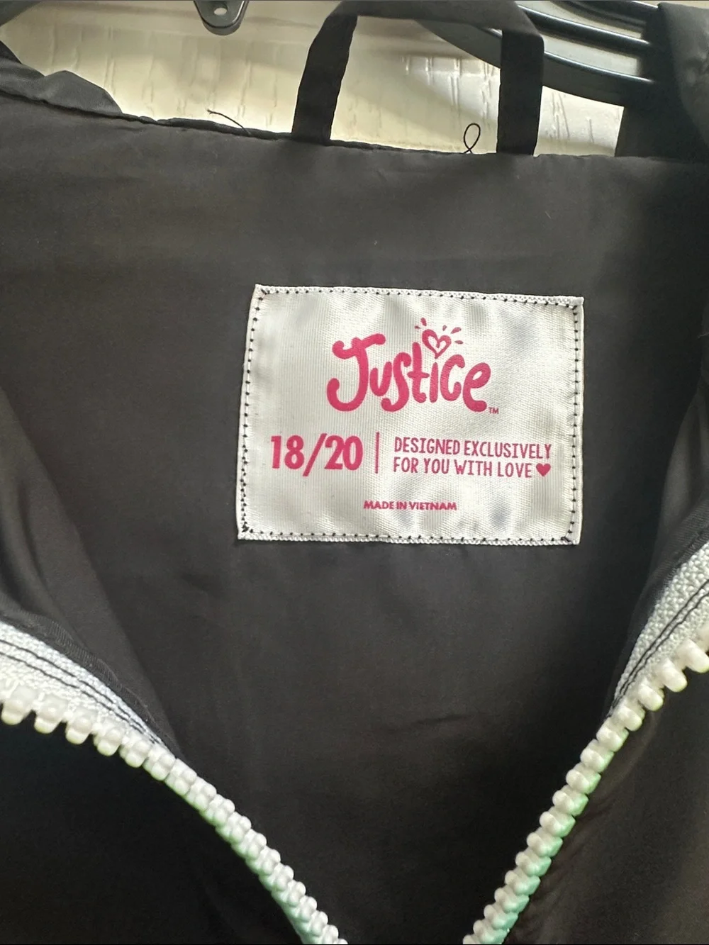 Justice Black Jacket with Pink Logo and Light Green Zipper Trim